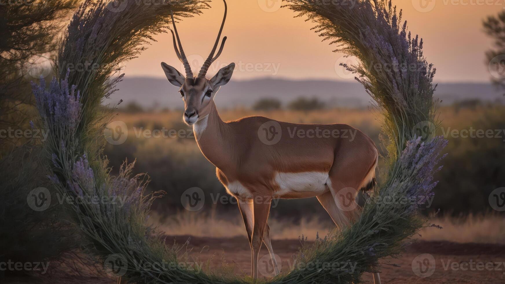A serene antelope framed by a floral circle at sunset in a natural landscape. photo