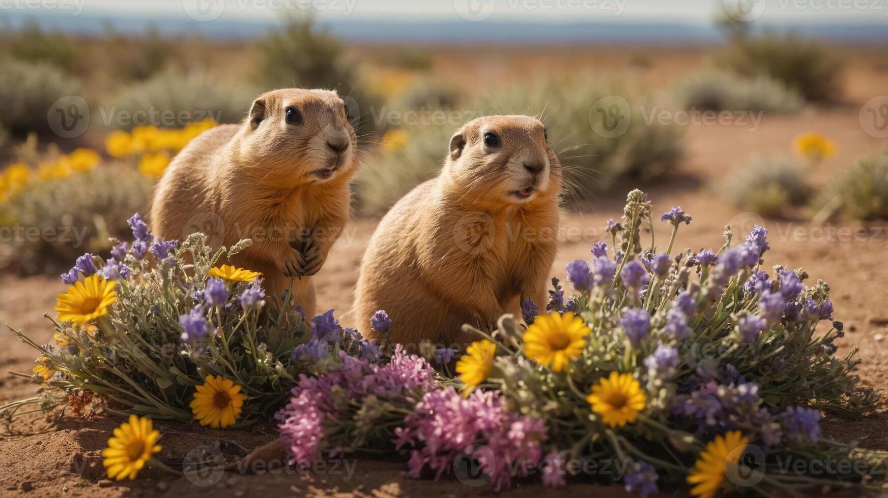 Two prairie dogs among colorful flowers in a desert landscape. photo