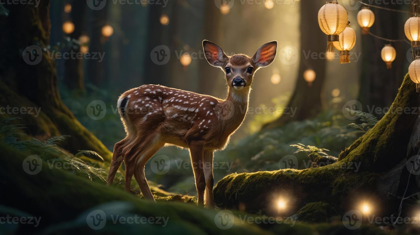 A serene forest scene featuring a fawn amidst glowing lanterns and lush greenery. photo