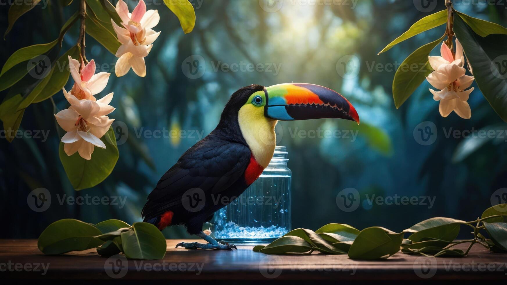 A vibrant toucan perched beside a glass jar in a lush, tropical setting. photo