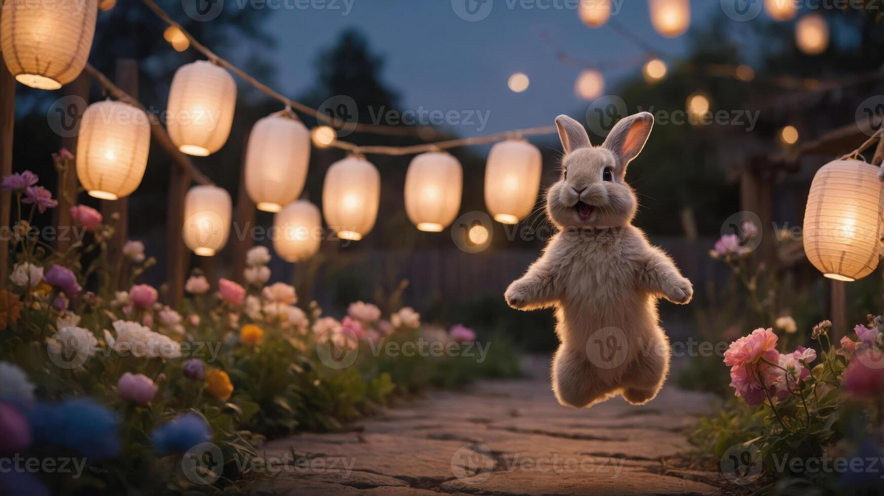 A playful rabbit leaps amidst glowing lanterns and colorful flowers in a serene garden. photo