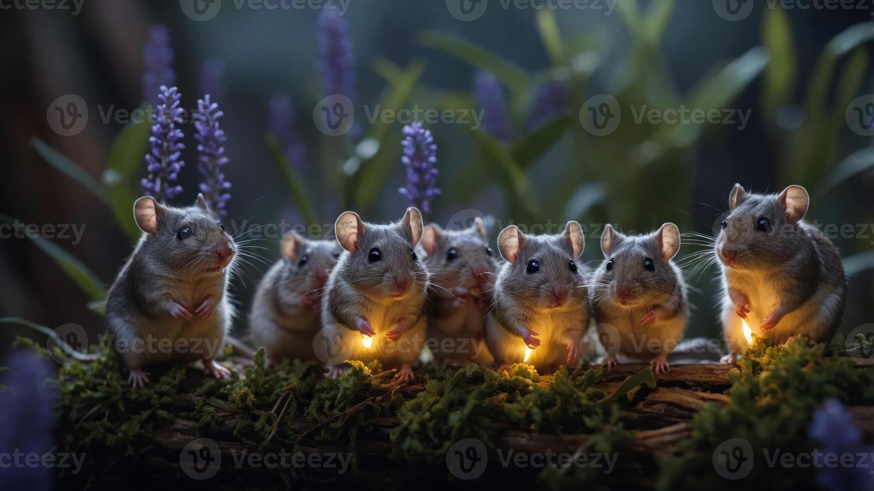 A group of small mice holding lights amidst flowers and greenery in a whimsical setting. photo