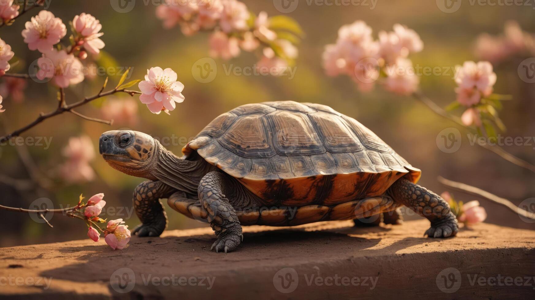 A tortoise rests on a log surrounded by blooming cherry blossoms in soft sunlight. photo