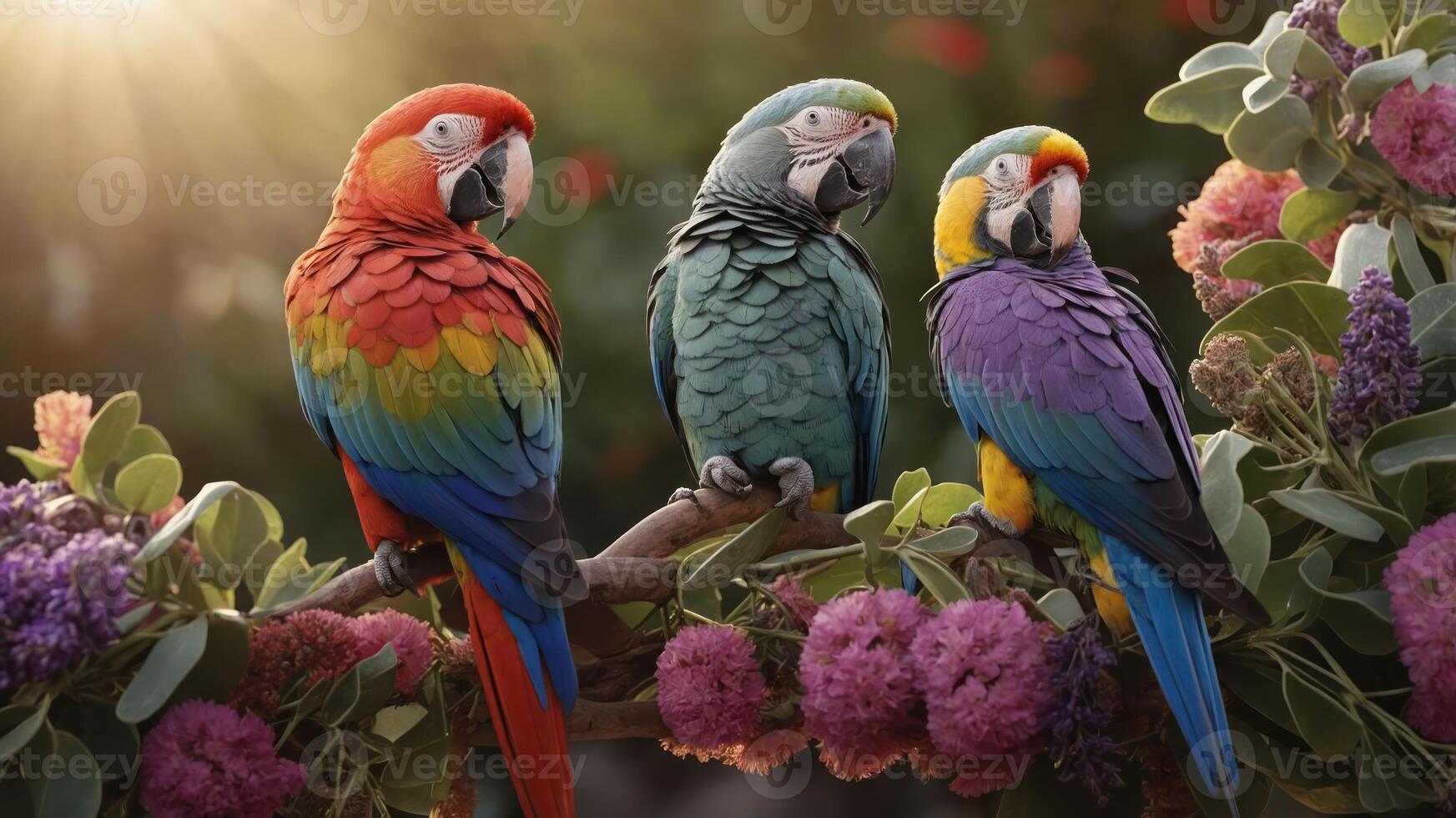 Three colorful parrots perched on a branch surrounded by vibrant flowers in soft sunlight. photo
