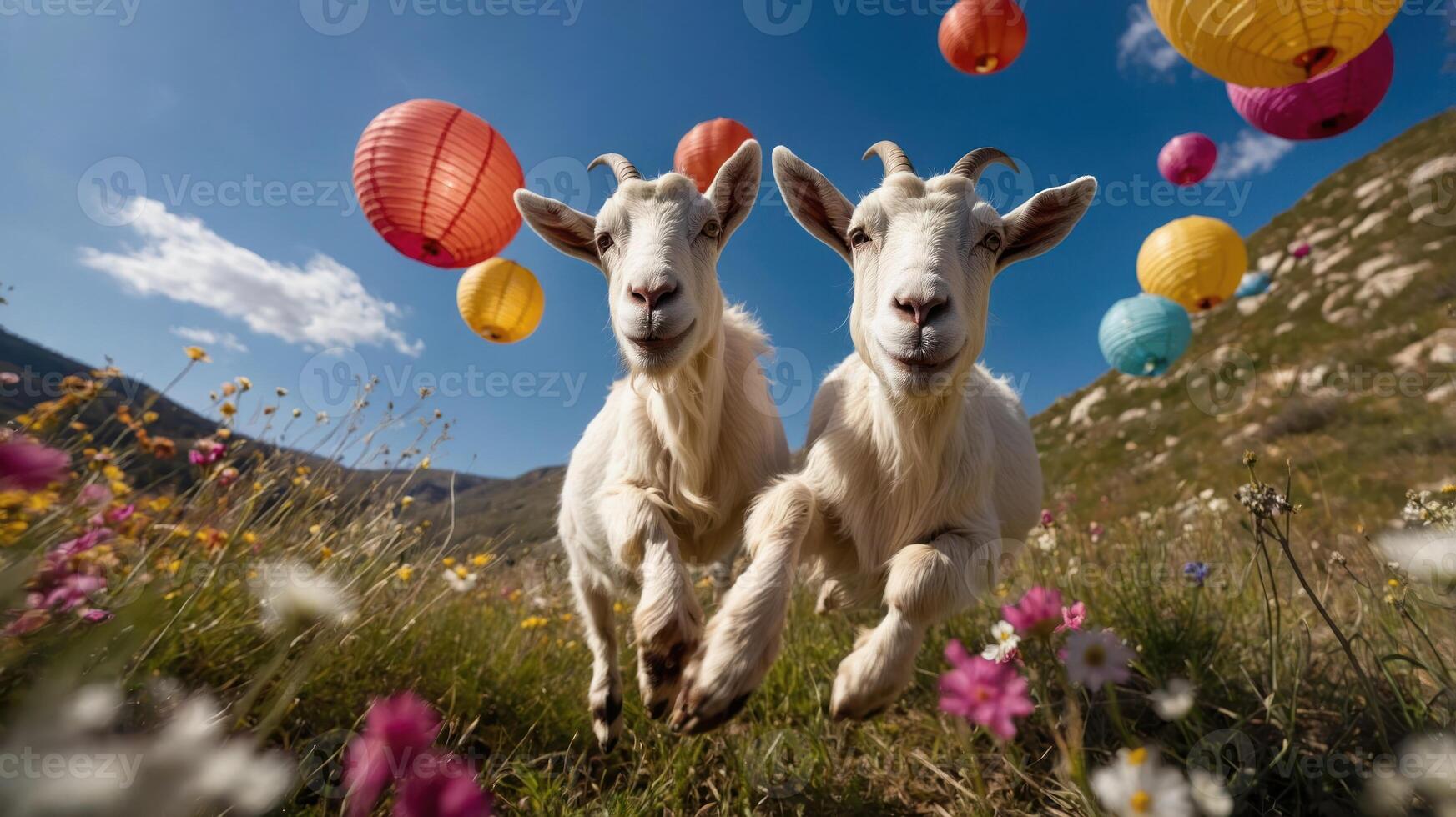Two playful goats running in a vibrant field with colorful lanterns overhead. photo