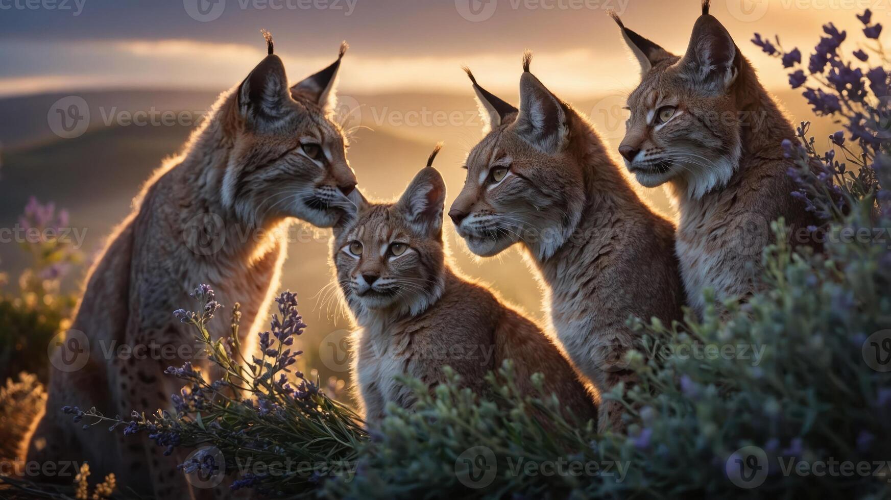 A group of four lynxes in a natural setting during sunset, surrounded by flowers. photo