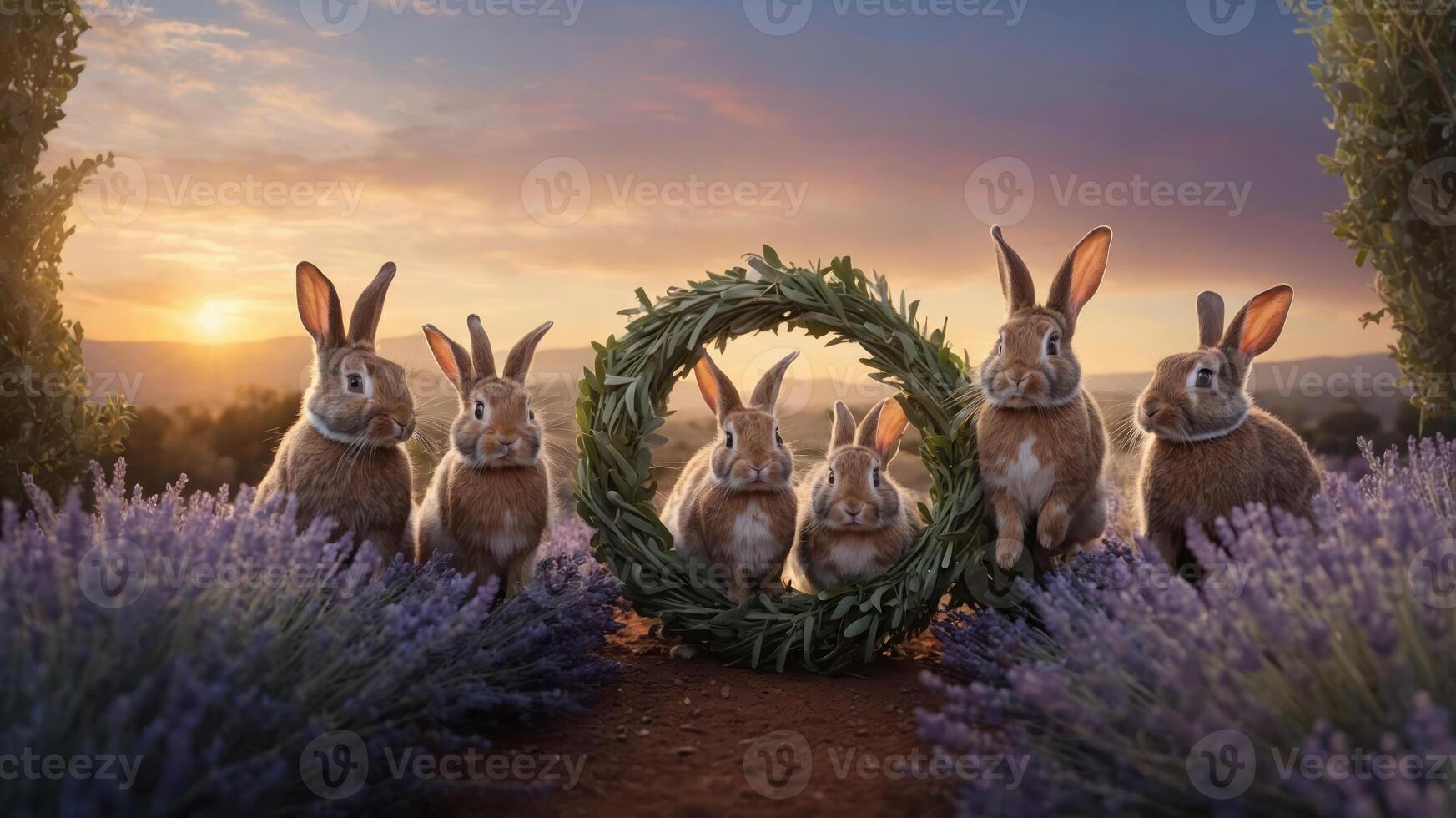 A group of rabbits gathered around a floral wreath at sunset, surrounded by lavender fields. photo