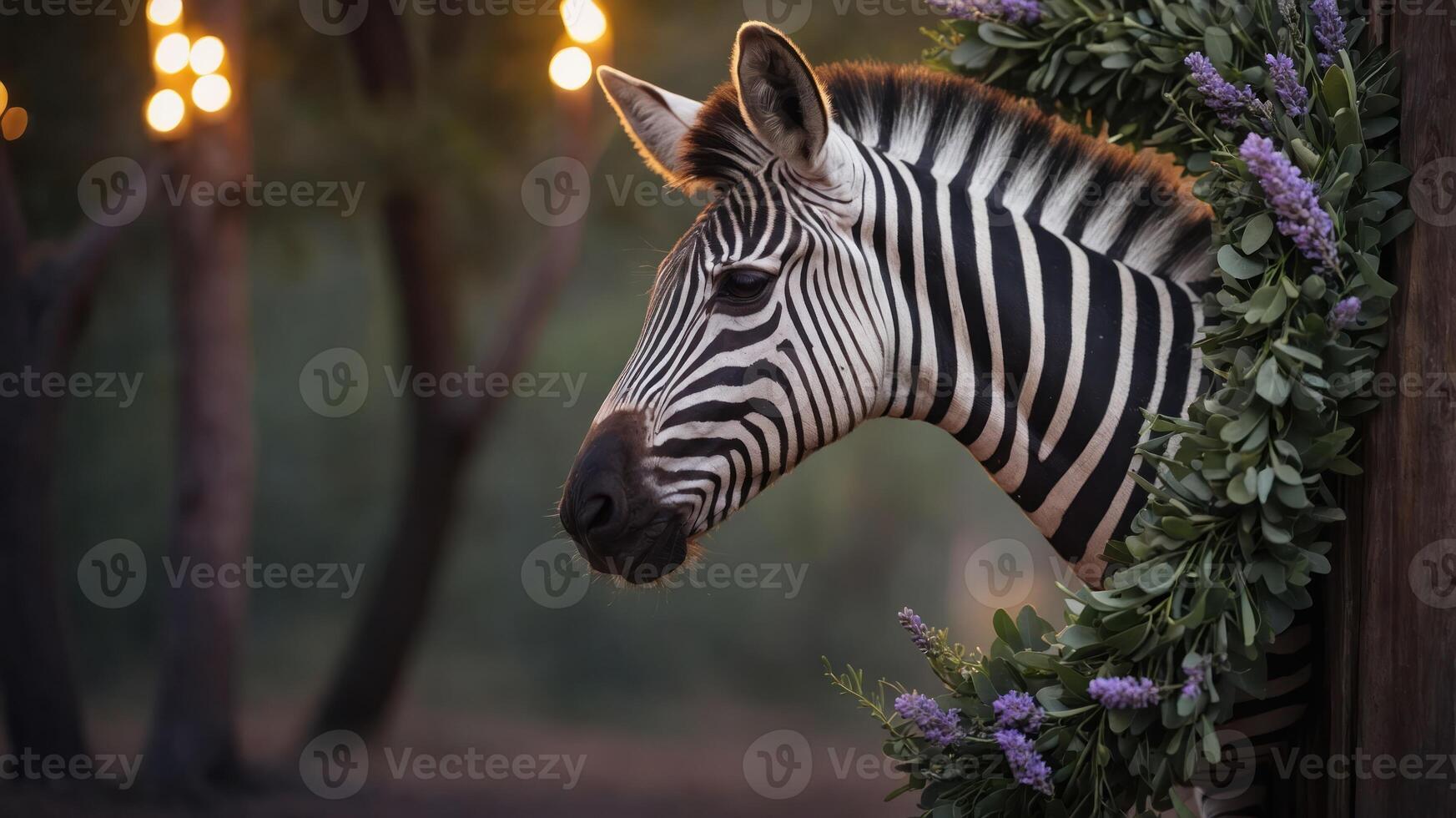 A zebra peeks through a floral arrangement in a softly lit outdoor setting. photo
