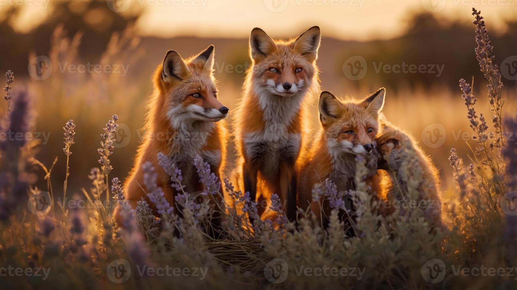 A group of four red foxes standing in a field during sunset, surrounded by lavender flowers. photo