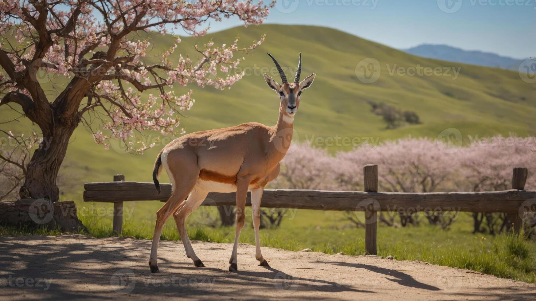 A graceful antelope stands in a picturesque landscape with blooming trees and rolling hills. photo