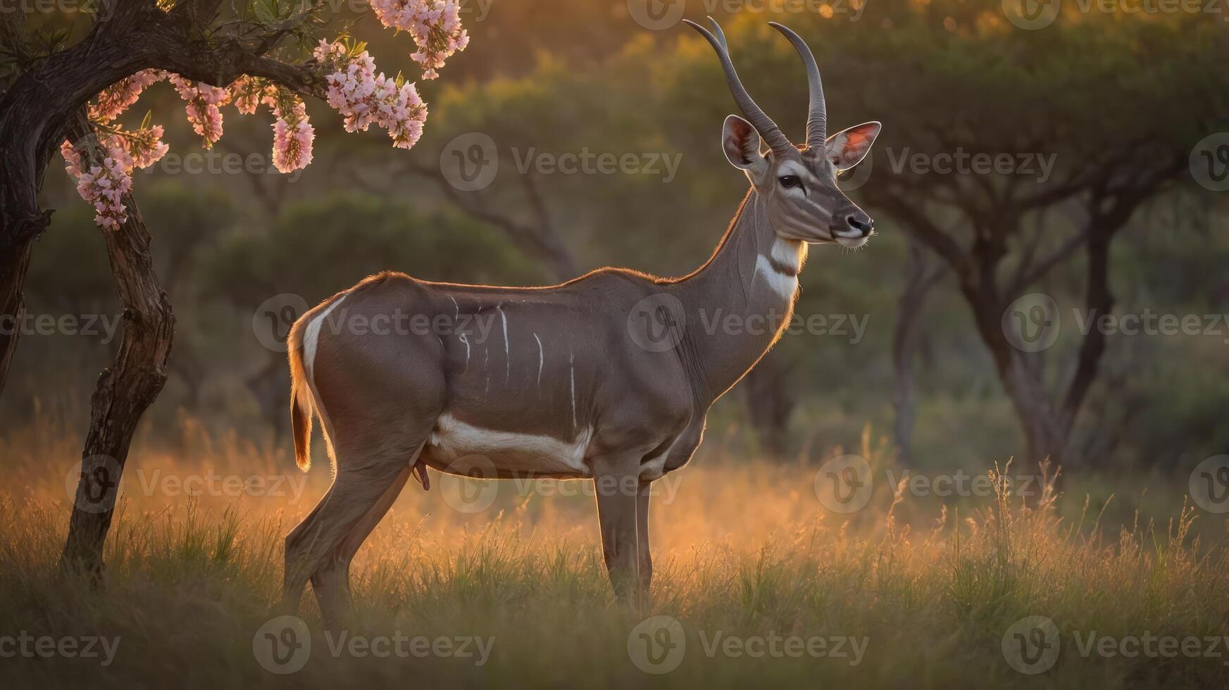 A graceful antelope stands in a sunlit field surrounded by trees and flowers. photo