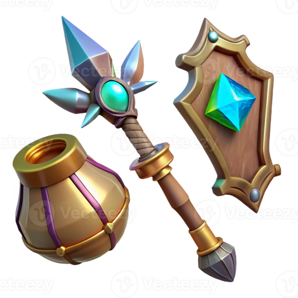 beautiful creative Mythical Weapons and Artifacts, collection individual items, separate 4K png
