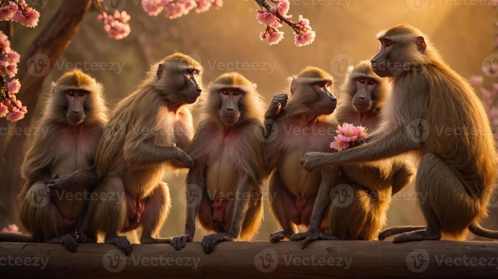 A group of baboons sitting together under cherry blossoms in a serene setting. photo