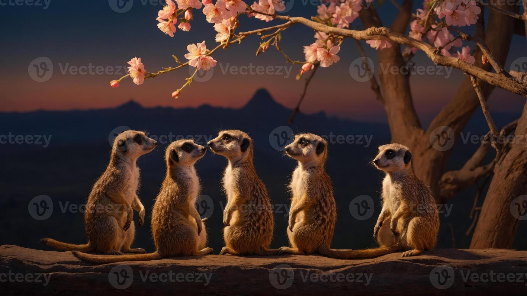 Five meerkats standing in a row under cherry blossoms at sunset. photo