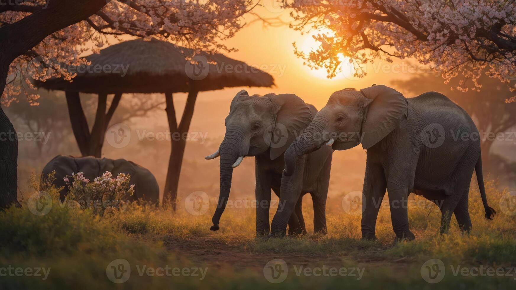 Two elephants under a sunset with blooming trees, creating a serene wildlife scene. photo