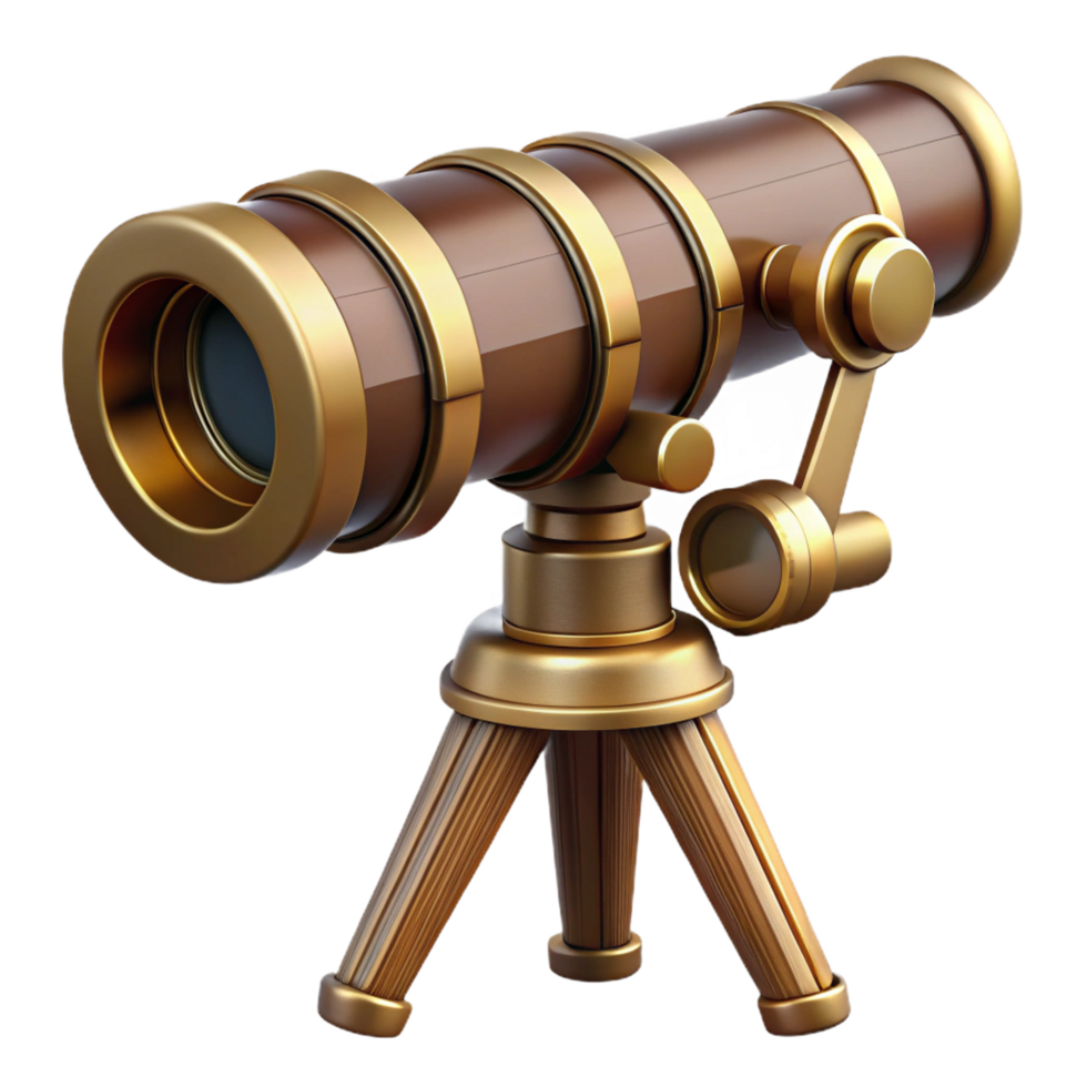 extraordinary vintage Steampunk telescope with brass lenses and a wooden tripod mount tripod mount cropped out original png