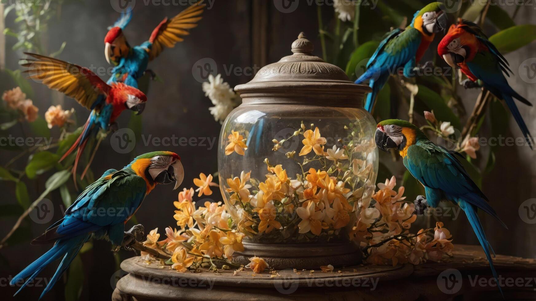 A vibrant scene featuring colorful parrots around a glass jar filled with flowers. photo