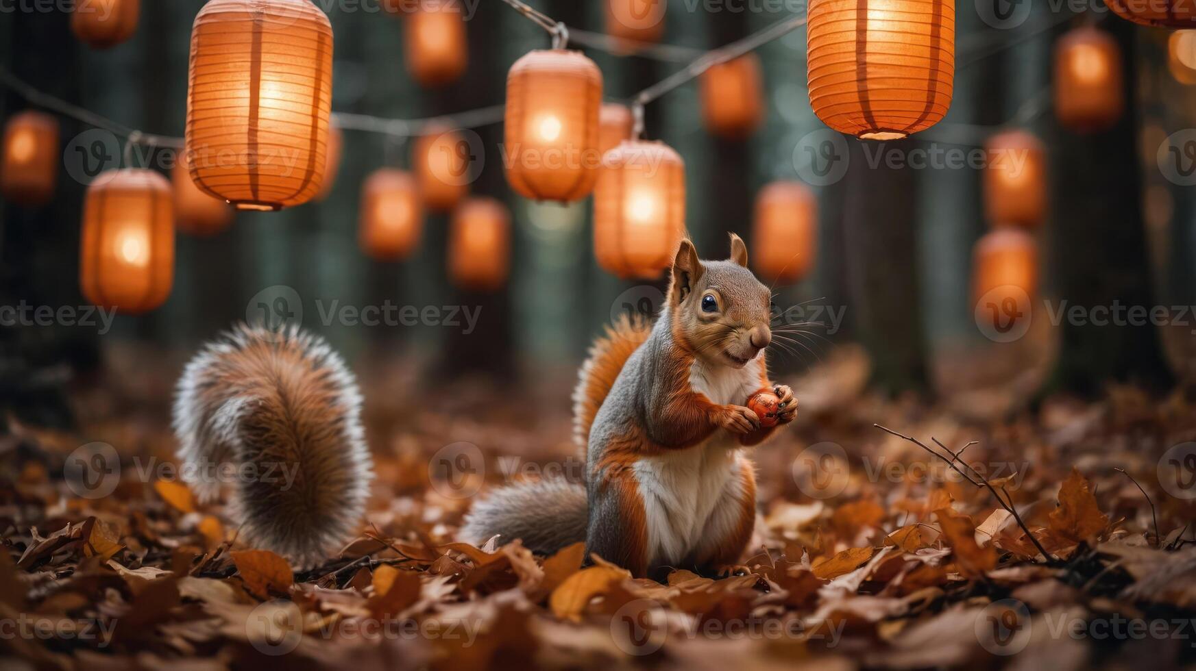A squirrel enjoying a nut amidst autumn leaves and glowing lanterns in a forest setting. photo
