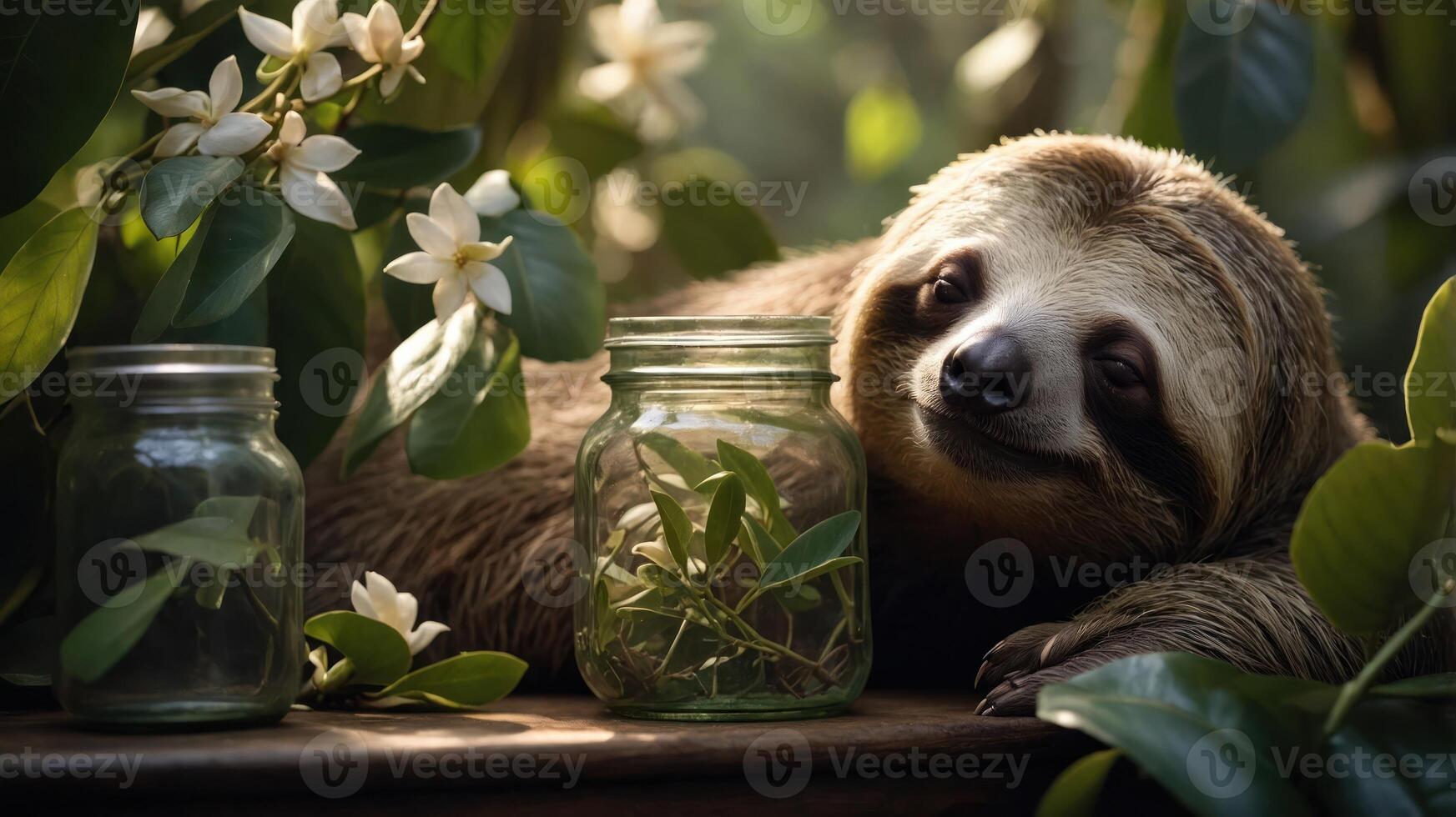 A sloth resting among greenery with jars, evoking a serene, nature-focused atmosphere. photo
