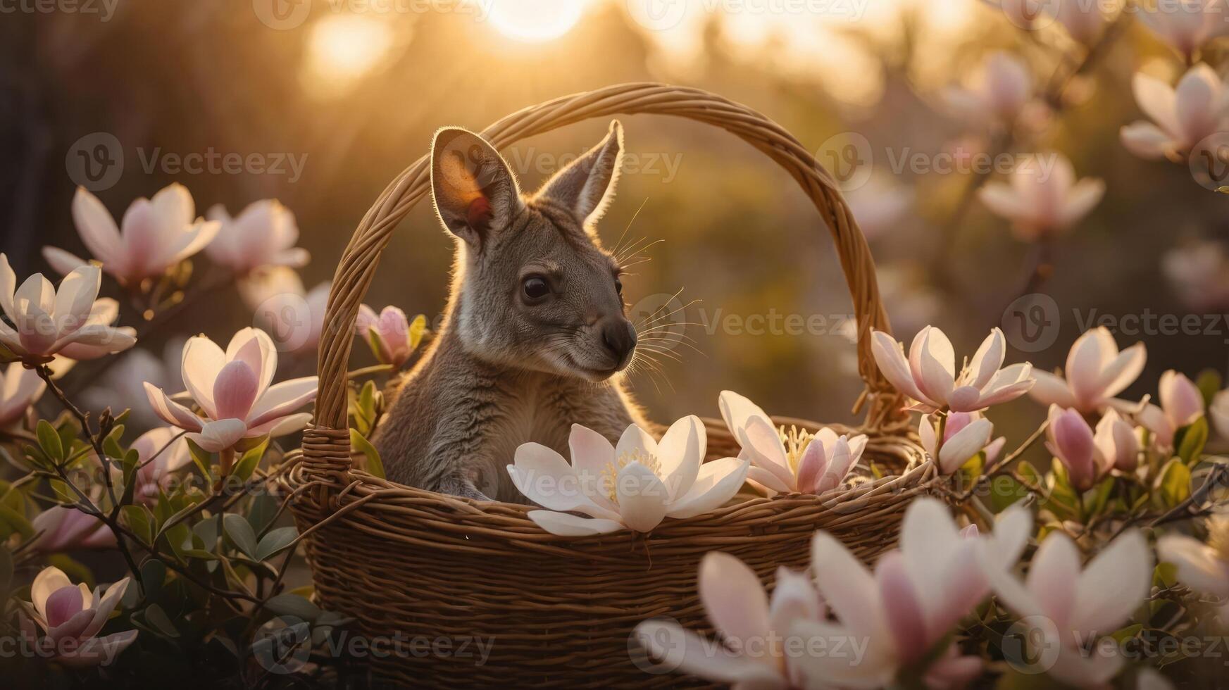 A kangaroo sits in a basket surrounded by magnolia flowers at sunset. photo