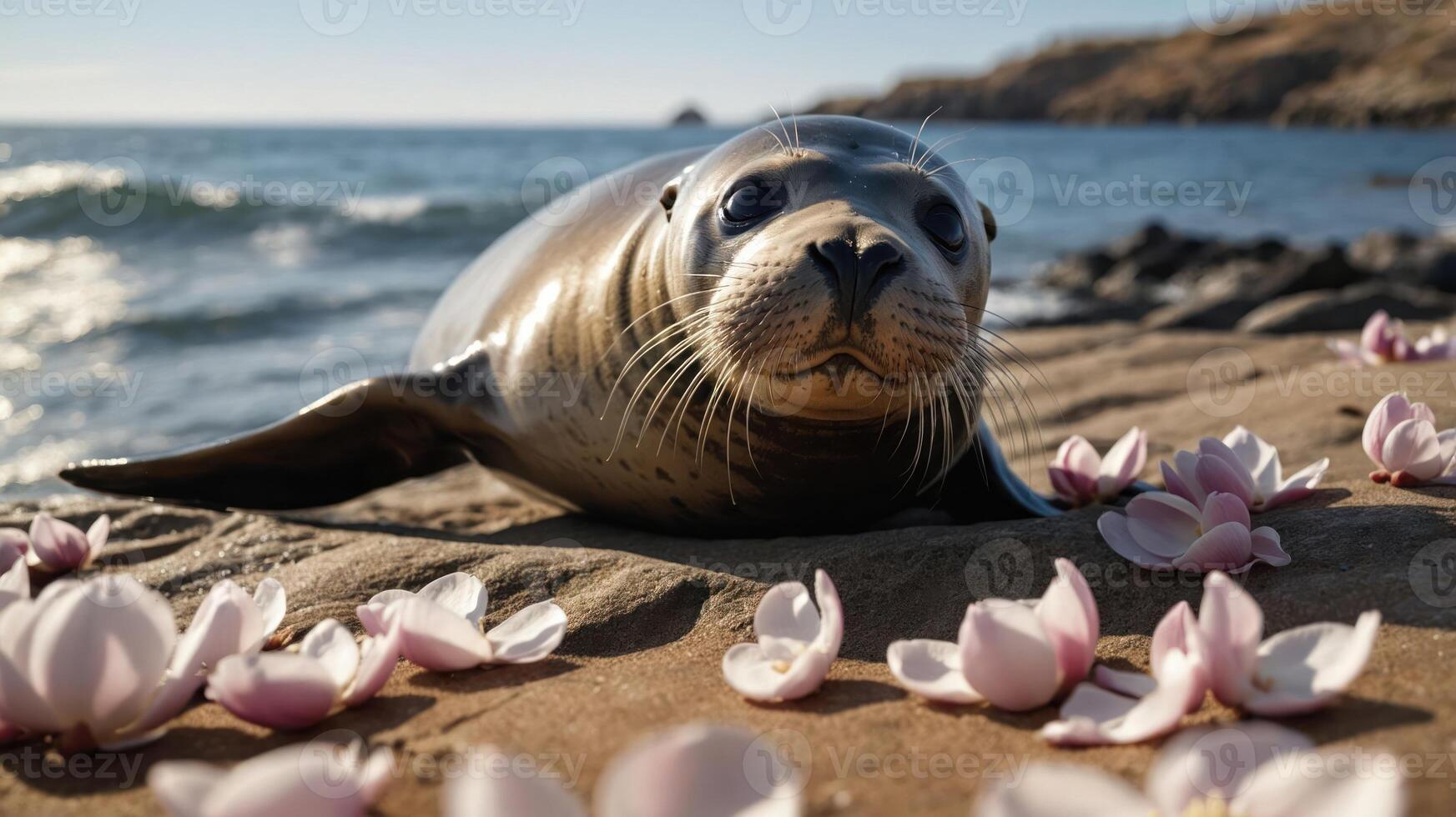 A seal resting on a sandy shore surrounded by flower petals. photo