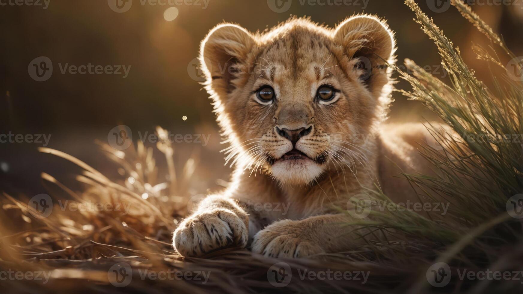 A close-up of a young lion cub resting in tall grass, illuminated by soft sunlight. photo