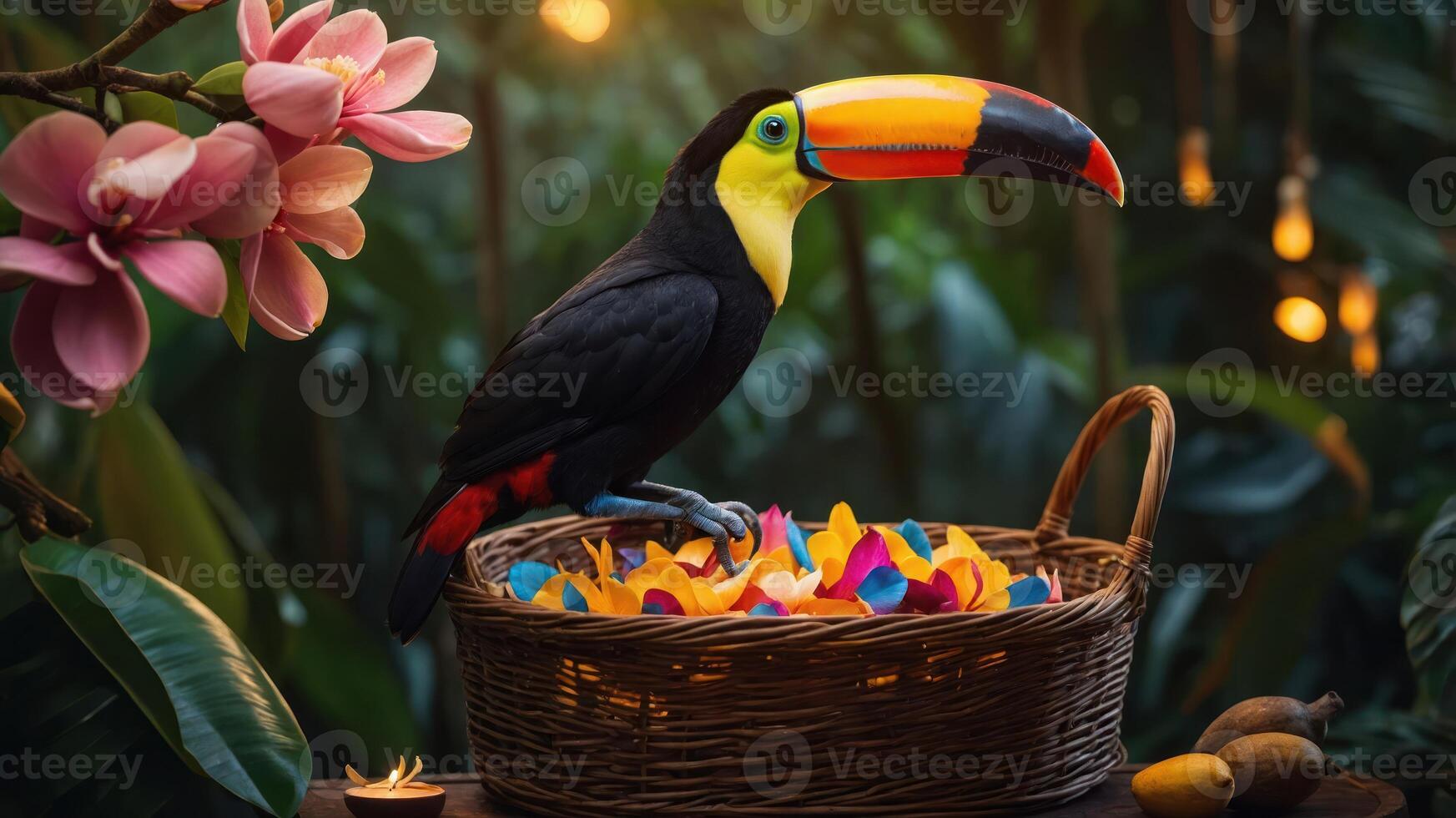 A colorful toucan perched beside a basket of flower petals in a lush, tropical setting. photo