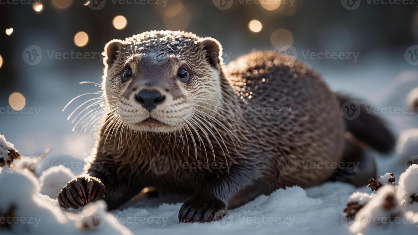 A playful otter exploring a snowy landscape, capturing the beauty of wildlife in winter. photo
