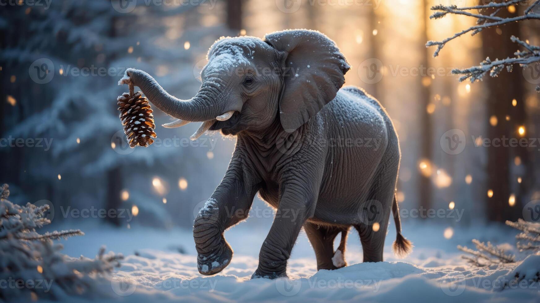 An elephant joyfully carries a pinecone through a snowy forest landscape. photo