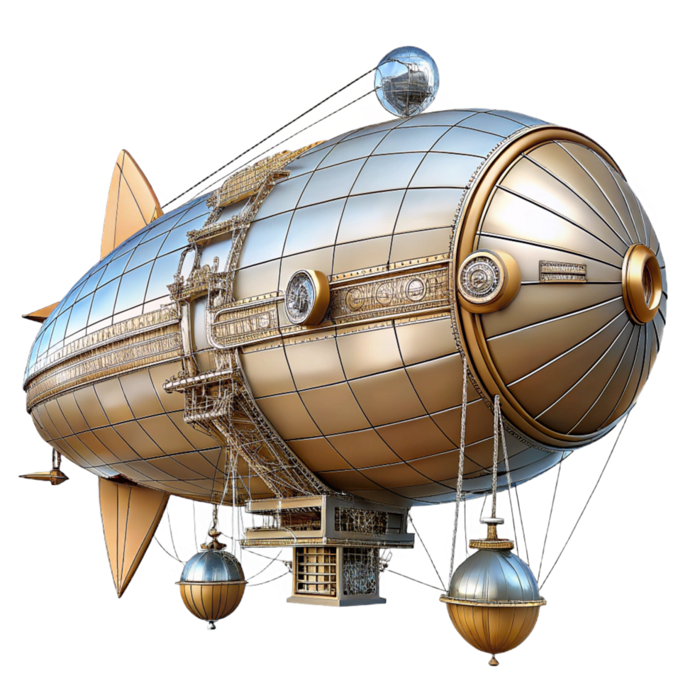 vibrant playful industrial Steampunk airship blueprint with technical specifications. NO BACKGROUND with Transparent Background. handcrafted png