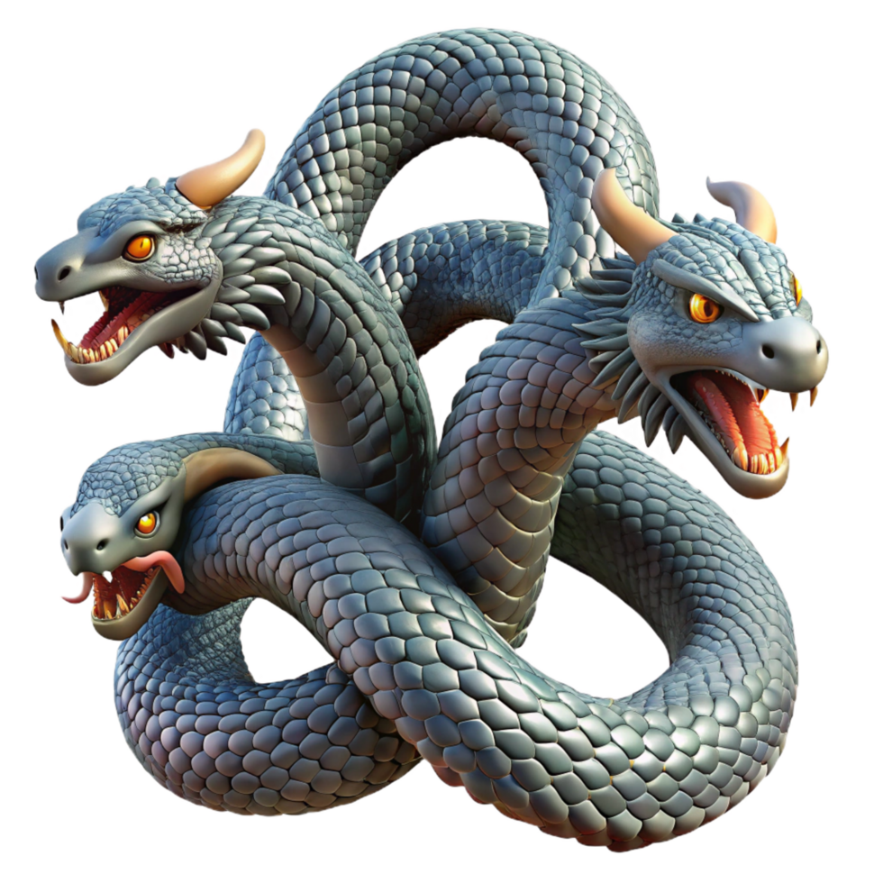 enchanting joyful abstract Hydra, multi-headed serpent, detailed scales, NO BACKGROUND with Transparent Background. handcrafted png