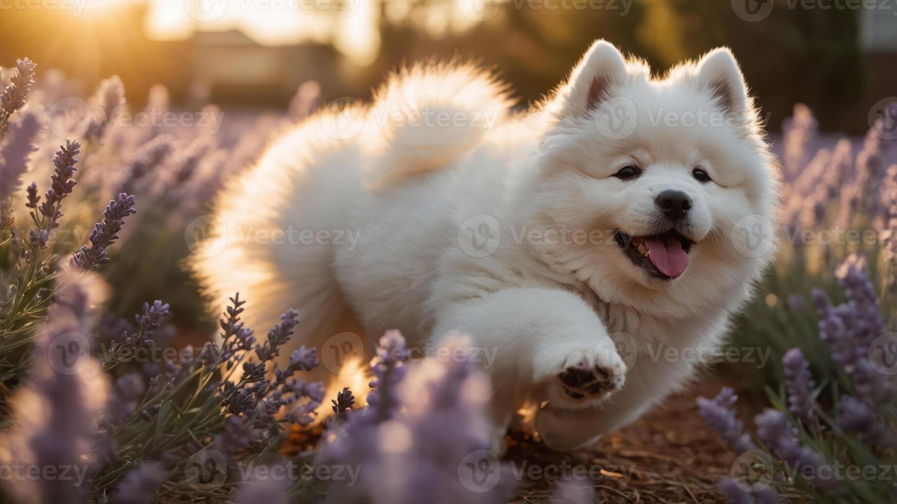 A playful white dog runs joyfully through a lavender field during sunset. photo