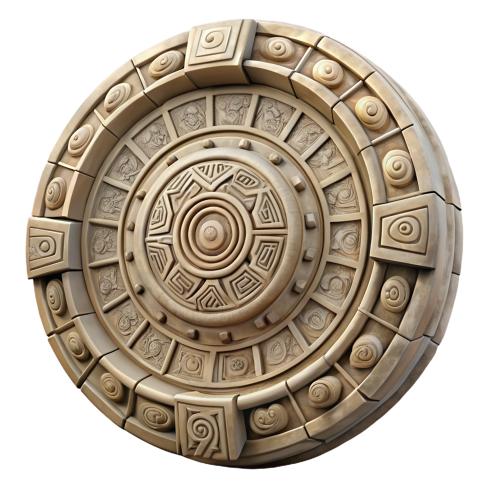 wonderful retro A Mayan Calendar, circular stone carving, NO BACKGROUND with Transparent Background. premium png