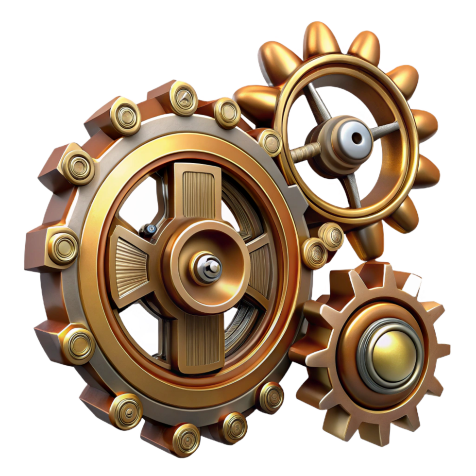 mysterious alluring Steampunk gear set with various sizes and brass finishes. NO BACKGROUND with Transparent Background. flawless png