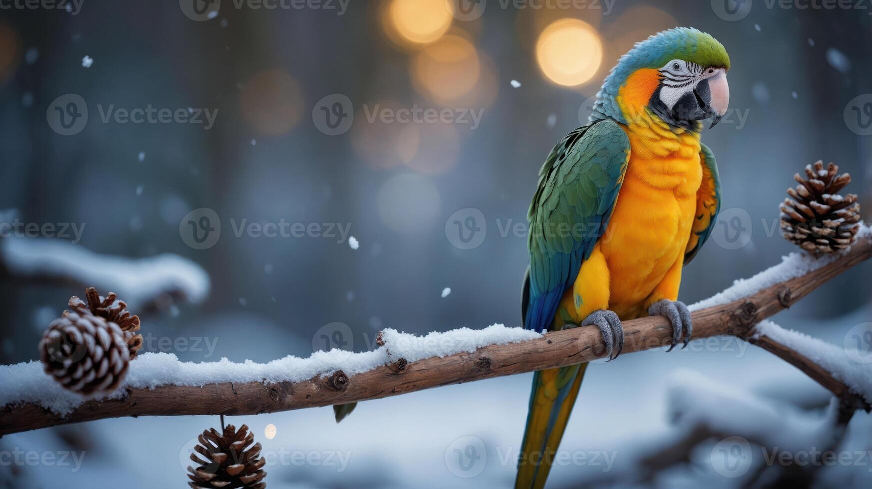 A colorful parrot perched on a snowy branch with pine cones in a winter setting. photo