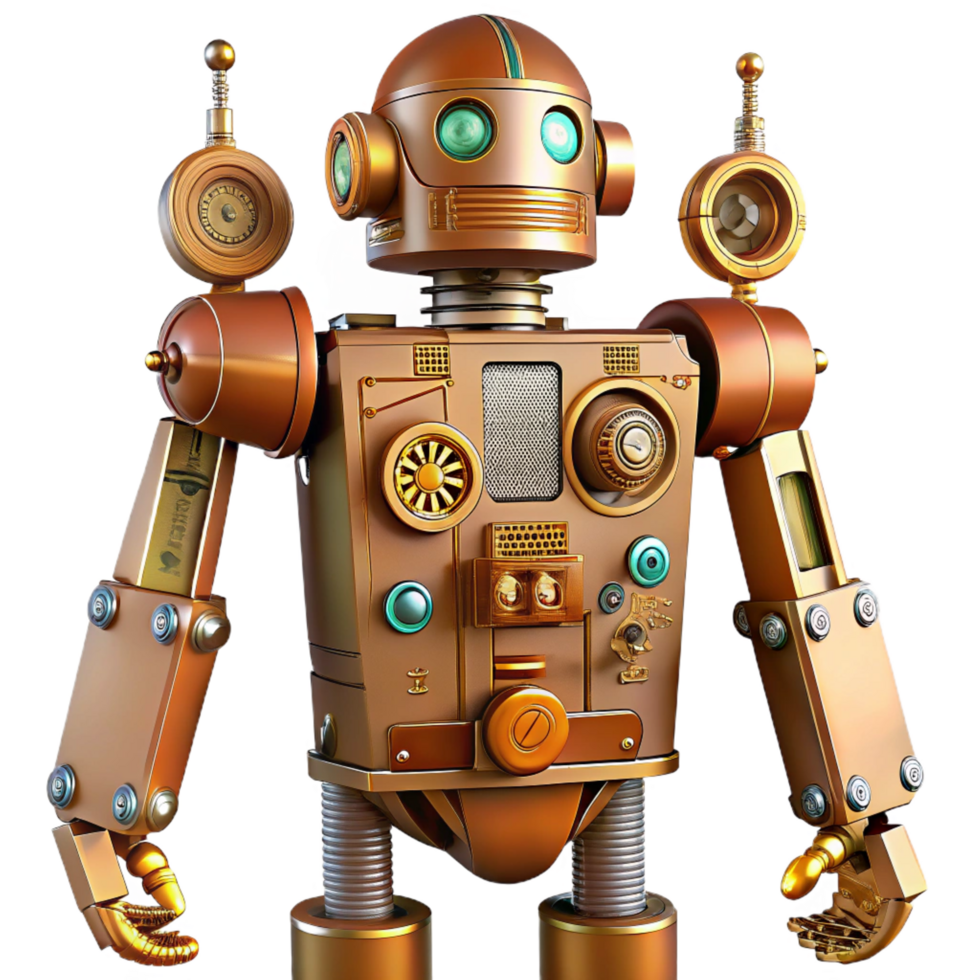 wonderful peaceful impressionist Steampunk robot schematic with detailed component labels. NO BACKGROUND with Transparent Background. top-tier png