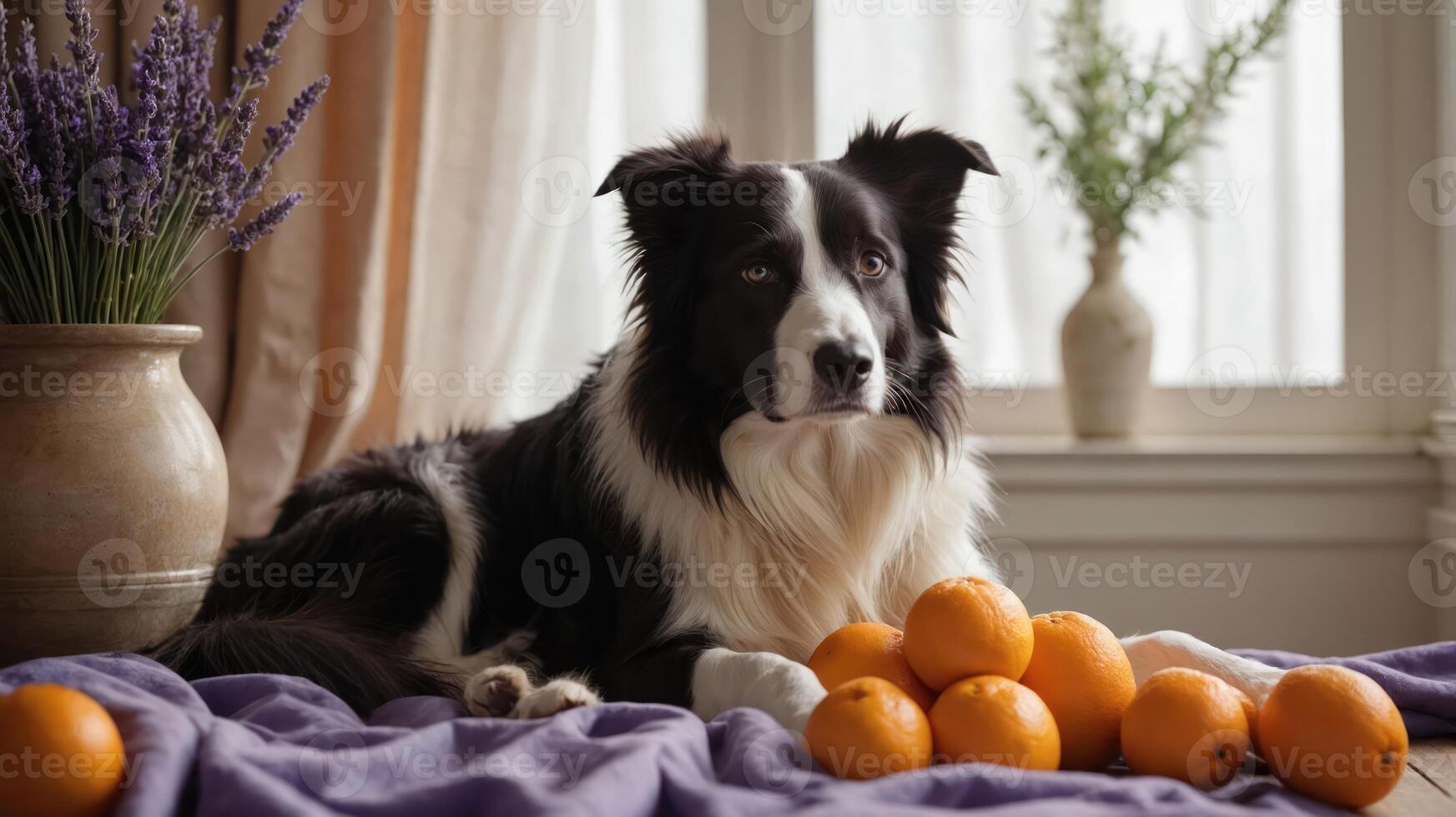 A black and white dog rests beside oranges on a purple blanket, with lavender in the background. photo