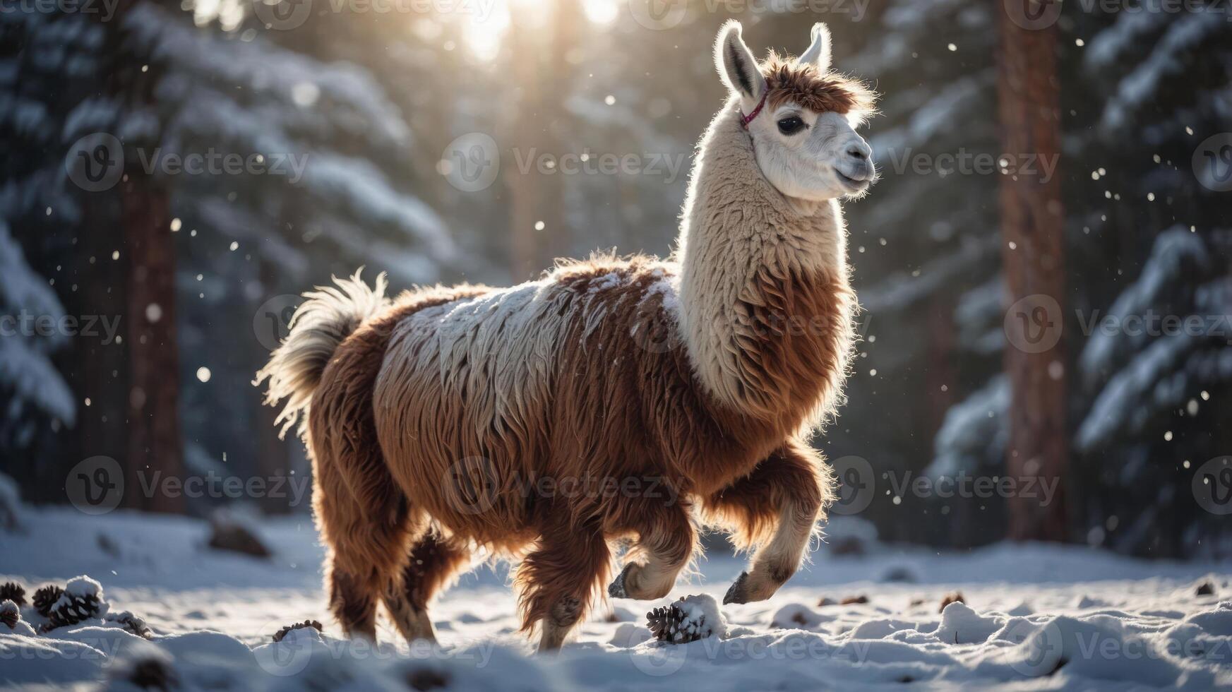 A playful llama trotting through a snowy forest, illuminated by sunlight. photo
