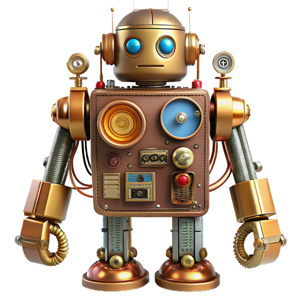 tranquil sumptuous Steampunk robot schematic with detailed wiring and component labels. NO BACKGROUND with Transparent Background. handcrafted png