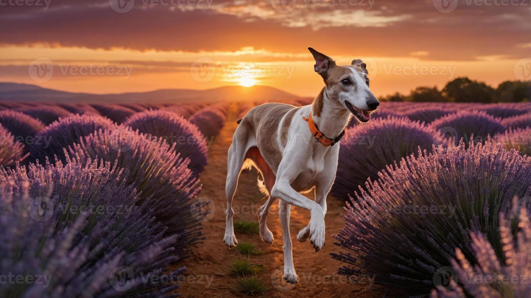 A dog joyfully runs through a lavender field at sunset, capturing a serene moment in nature. photo