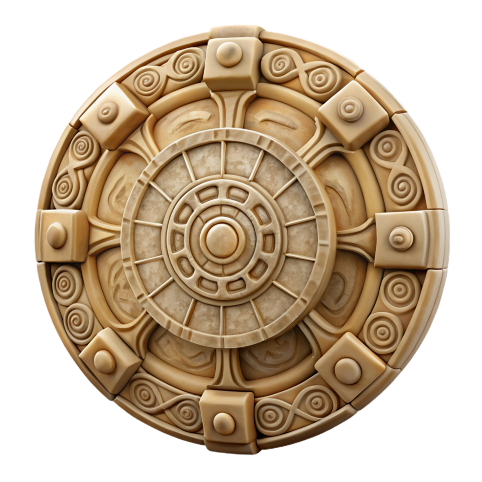 timeless renaissance A Mayan Calendar, circular stone carving, NO BACKGROUND with Transparent Background. masterfully captured png