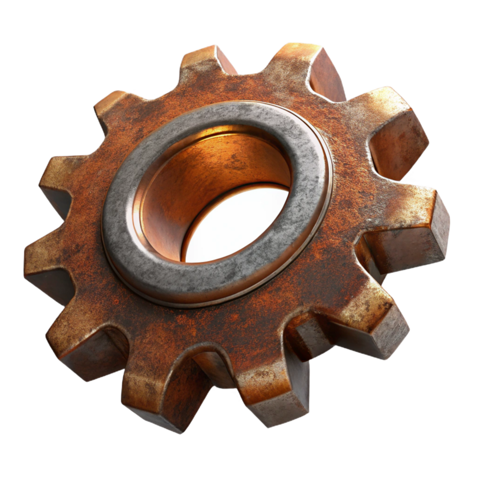 unparalleled minimalist A rusty metal gear, NO BACKGROUND with Transparent Background. detailed png