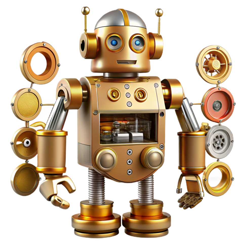 standout avant-garde Steampunk robot schematic with detailed component labels. NO BACKGROUND with Transparent Background. genuine png