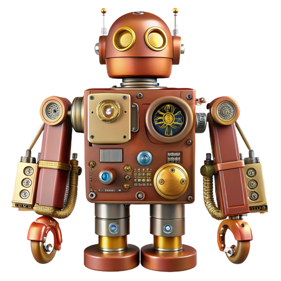 gorgeous passionate nordic Steampunk robot schematic with detailed component labels. NO BACKGROUND with Transparent Background. detailed png