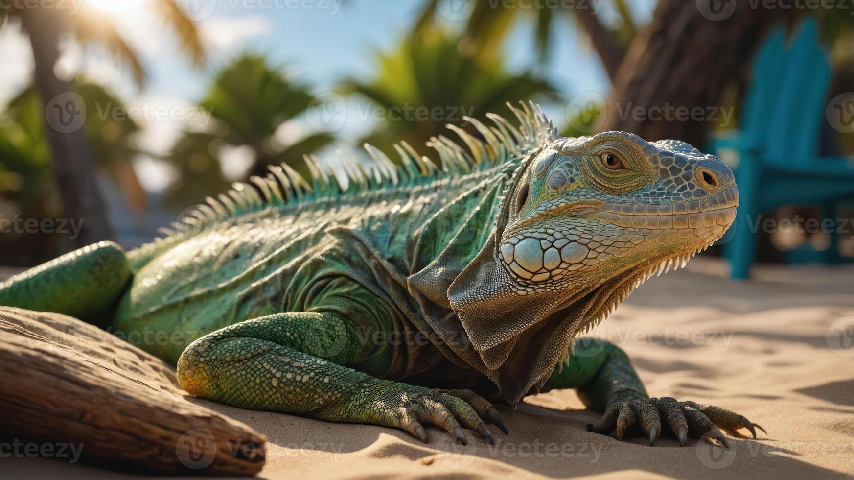 A vibrant iguana resting on sandy beach, surrounded by palm trees and a tranquil atmosphere. photo