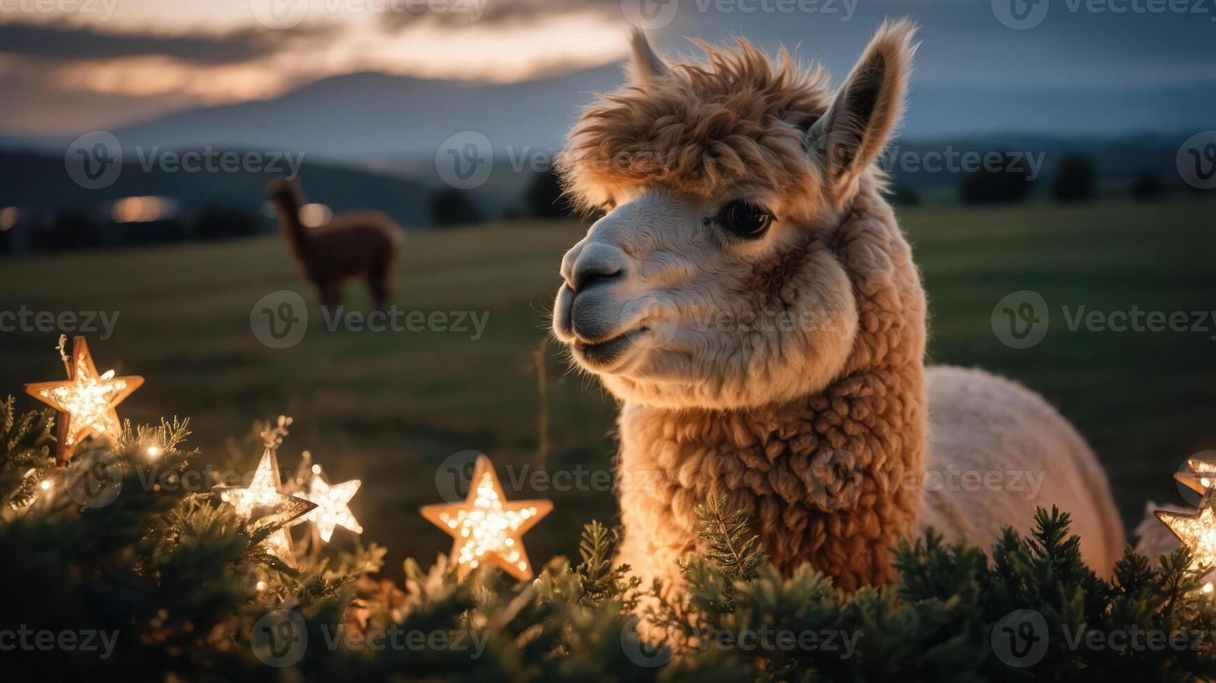 A charming alpaca surrounded by festive lights in a serene landscape at sunset. photo