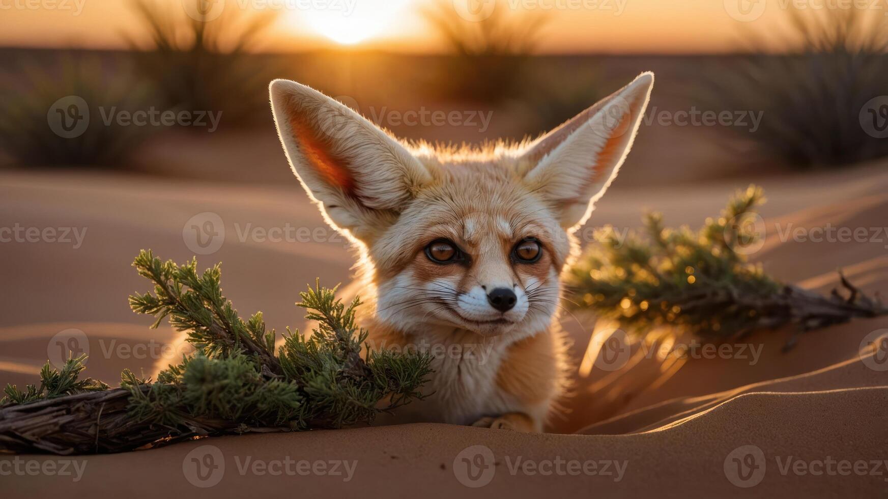 A fennec fox resting in the desert at sunset, surrounded by sand and sparse vegetation. photo