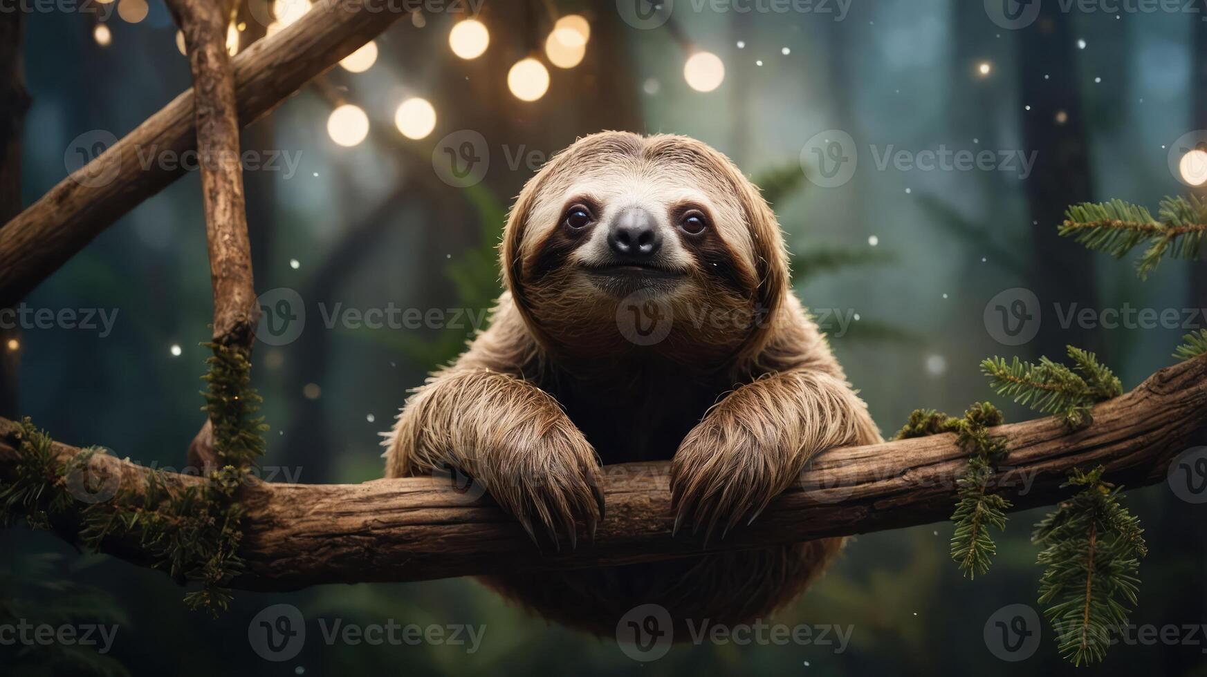 A sloth resting on a branch in a serene forest with soft lights in the background. photo
