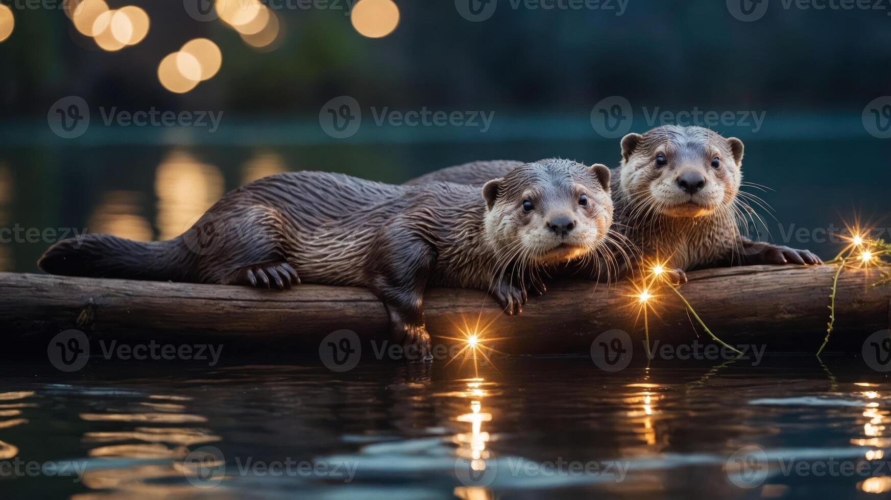 Two otters resting on a log by the water, adorned with glowing lights. photo