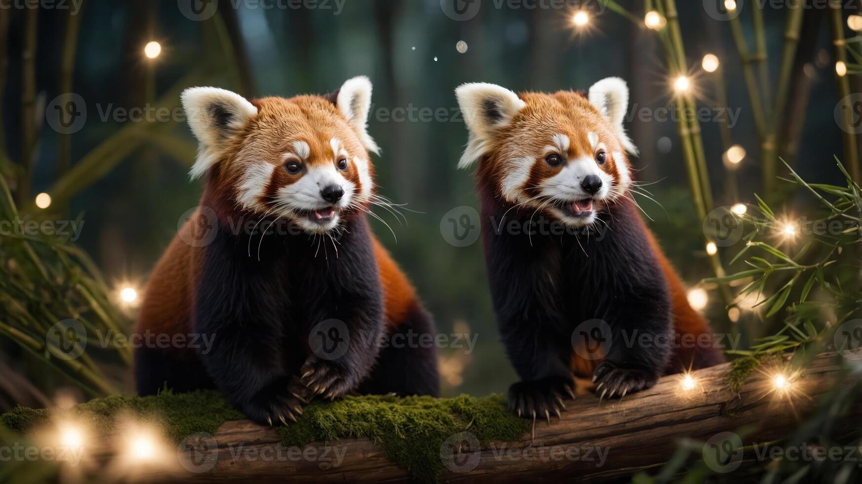 Two red pandas playfully posed on a log surrounded by a whimsical forest setting. photo